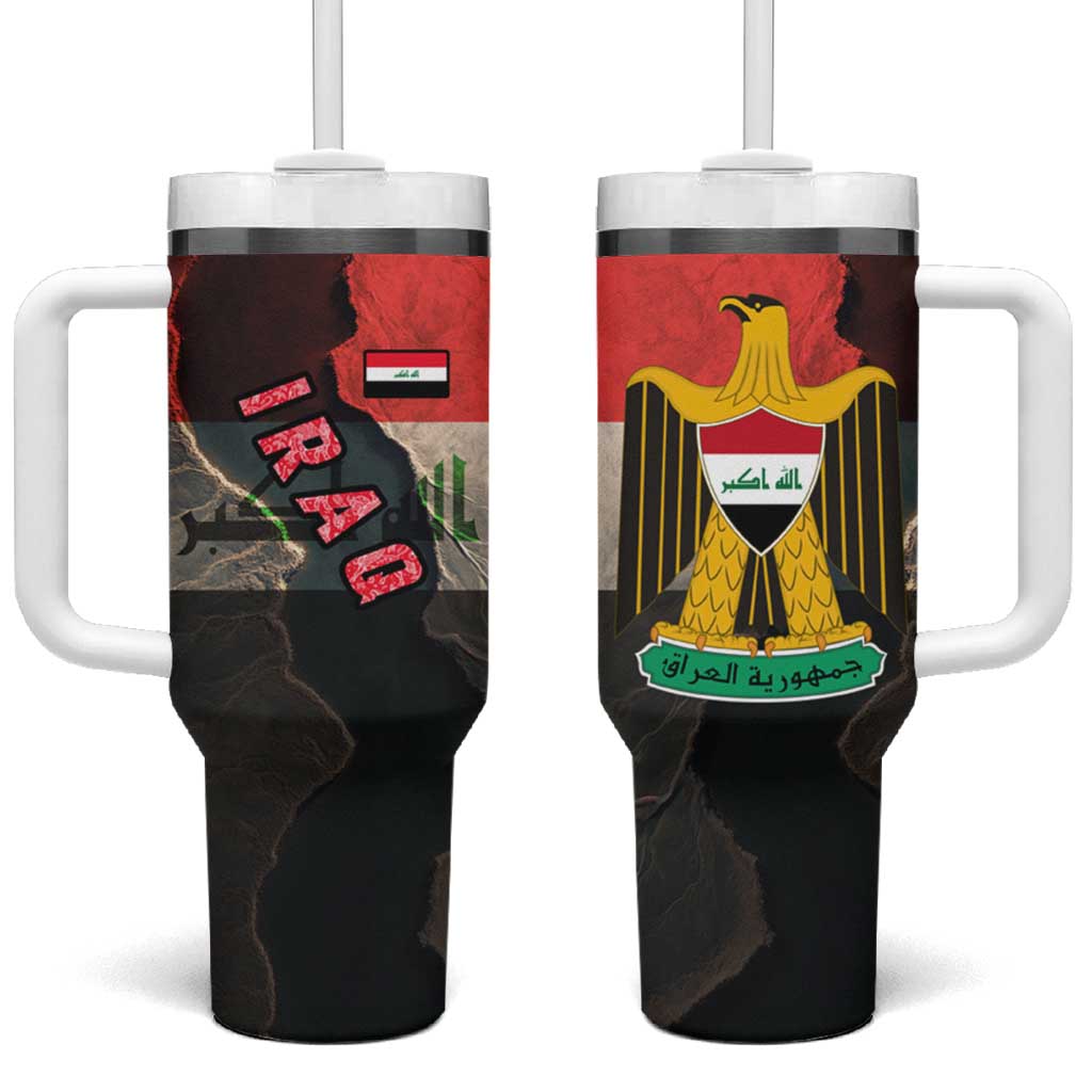 Iraq Flag Texture Tumbler With Handle with Golden Eagle Emblem and Cracked Earth Background Design - Wonder Print Shop