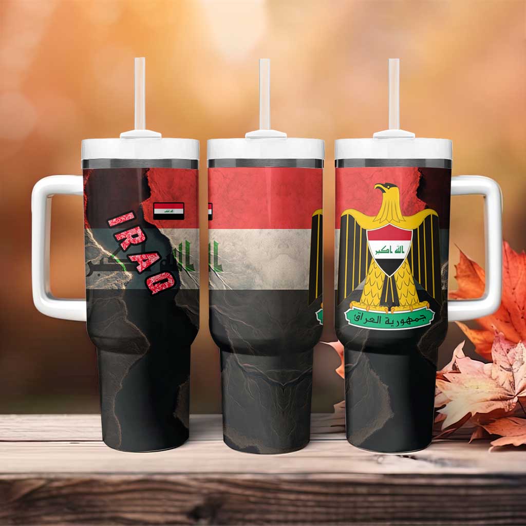Iraq Flag Texture Tumbler With Handle with Golden Eagle Emblem and Cracked Earth Background Design - Wonder Print Shop