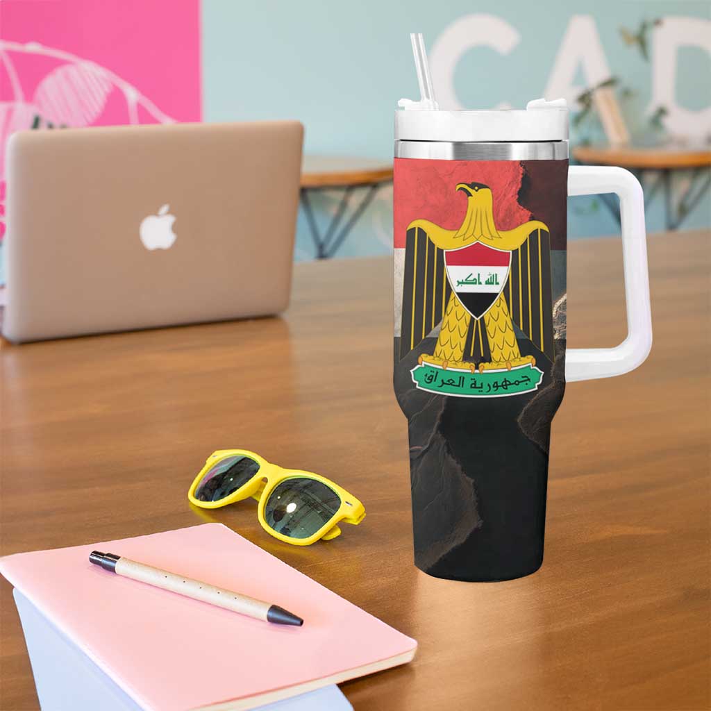 Iraq Flag Texture Tumbler With Handle with Golden Eagle Emblem and Cracked Earth Background Design - Wonder Print Shop