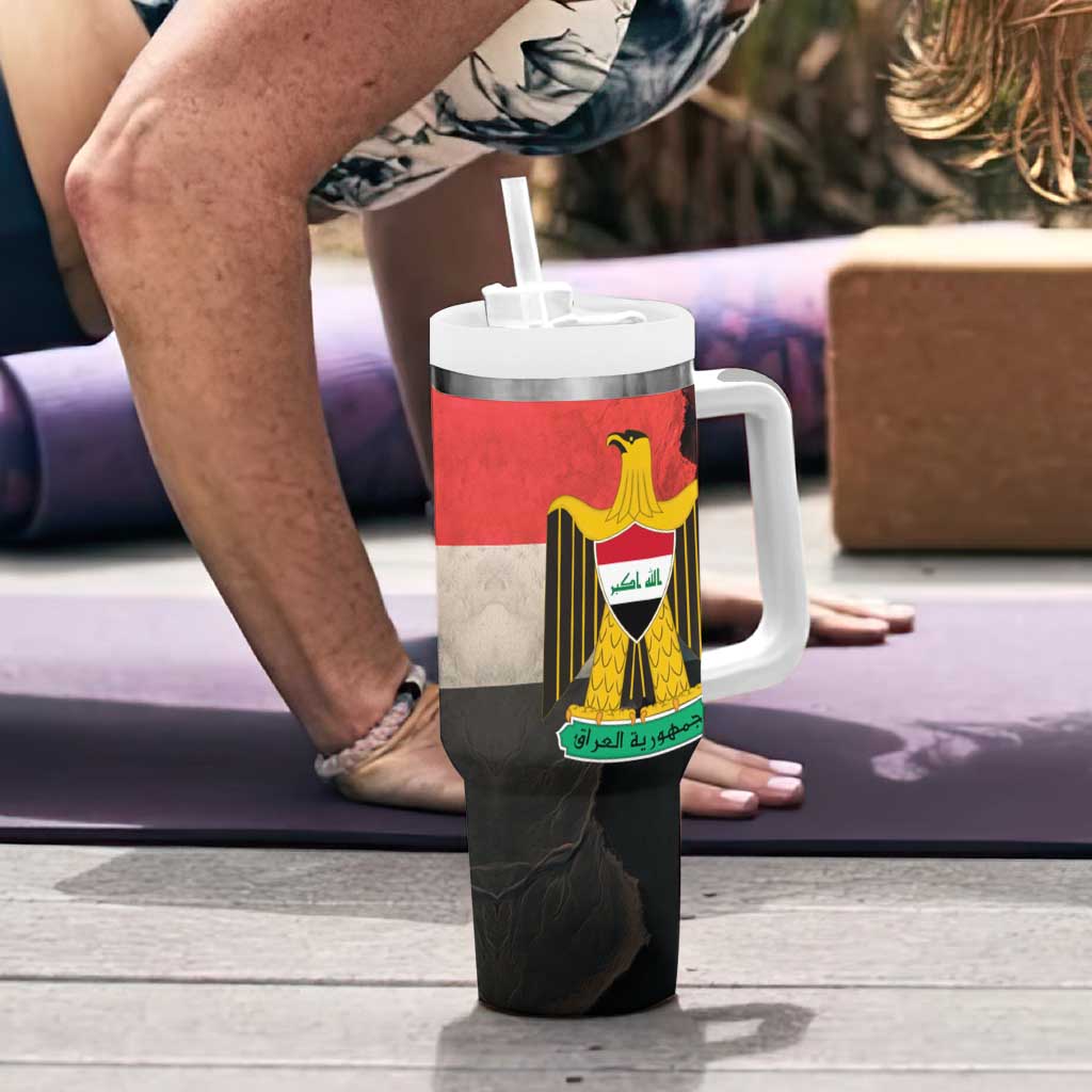 Iraq Flag Texture Tumbler With Handle with Golden Eagle Emblem and Cracked Earth Background Design - Wonder Print Shop