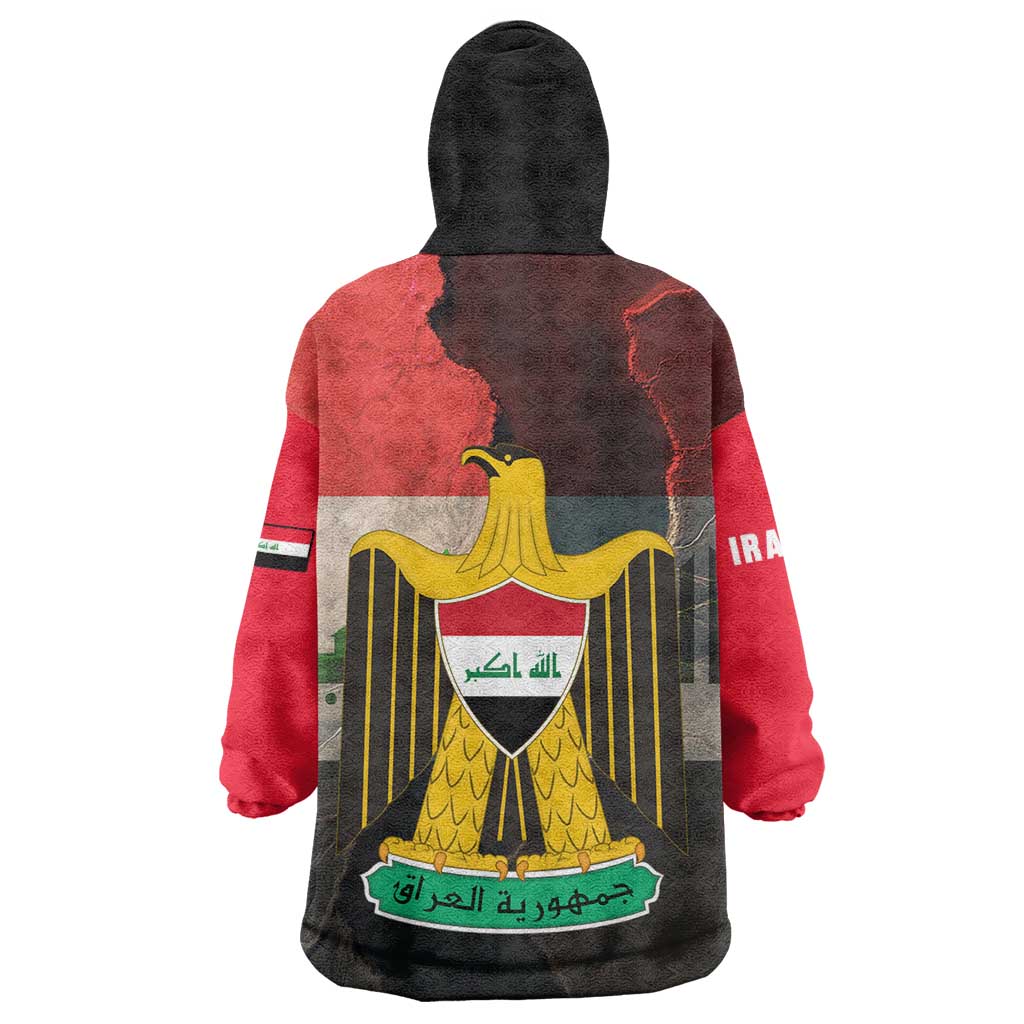 Iraq Flag Texture Wearable Blanket Hoodie with Golden Eagle Emblem and Cracked Earth Background Design - Wonder Print Shop