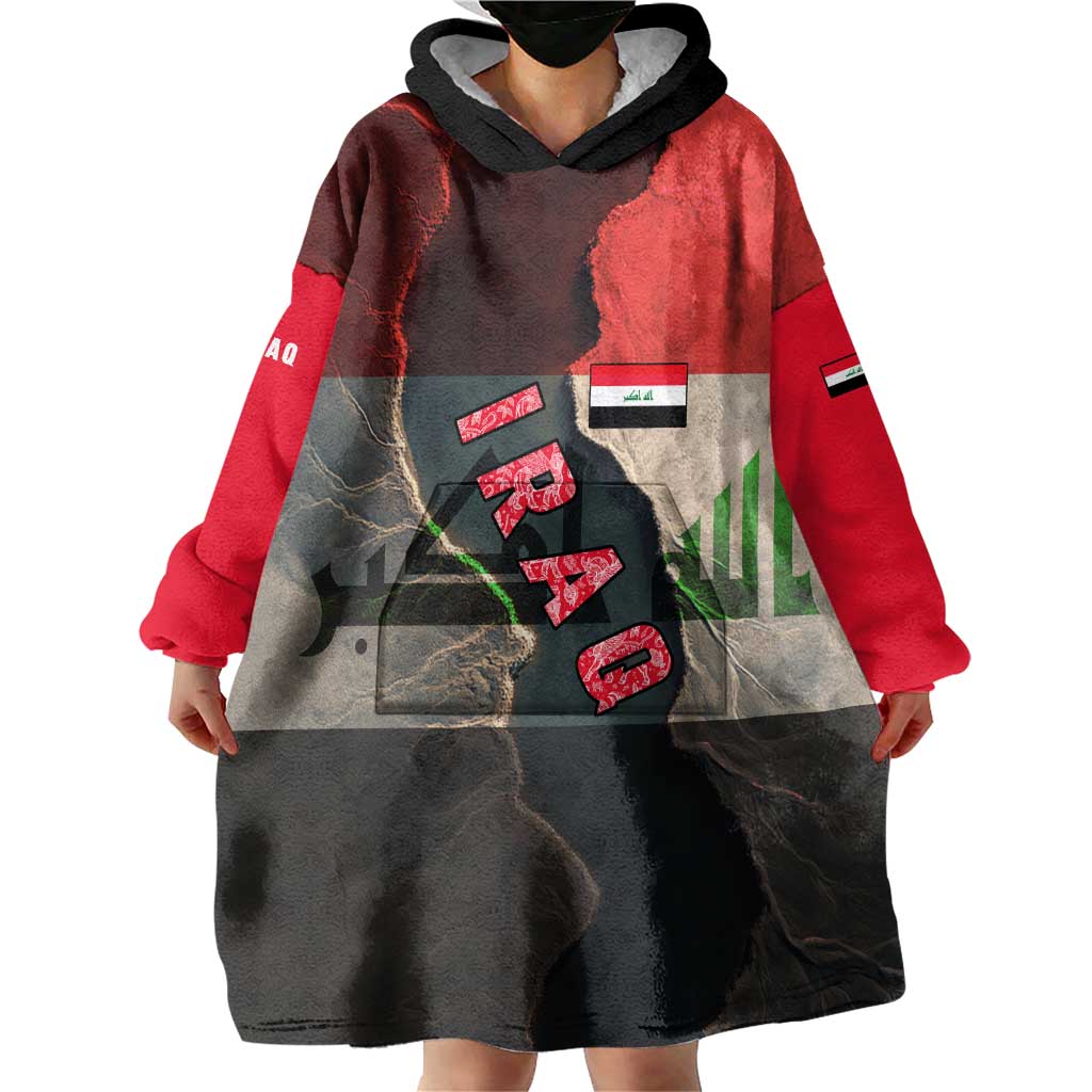 Iraq Flag Texture Wearable Blanket Hoodie with Golden Eagle Emblem and Cracked Earth Background Design - Wonder Print Shop