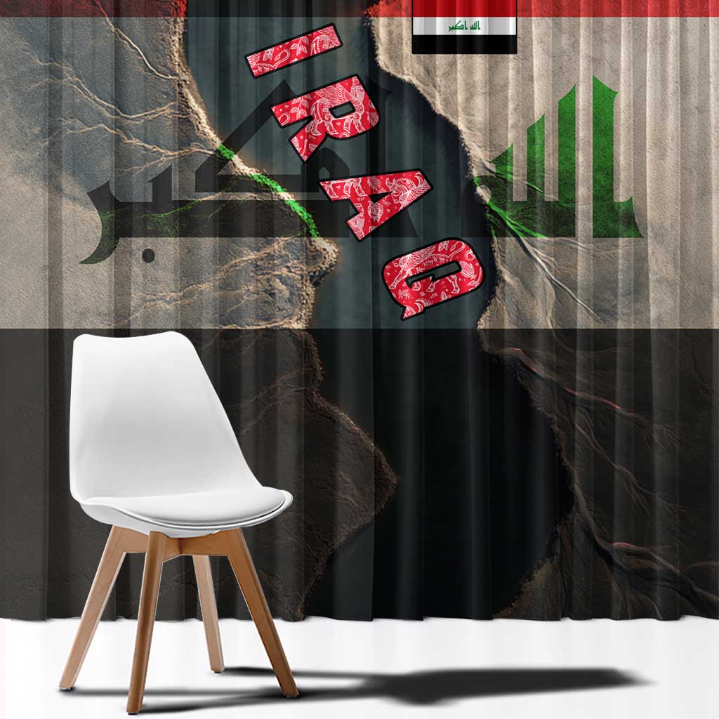 Iraq Flag Texture Window Curtain with Golden Eagle Emblem and Cracked Earth Background Design - Wonder Print Shop
