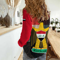 Iraq Flag Texture Women Casual Shirt with Golden Eagle Emblem and Cracked Earth Background Design - Wonder Print Shop