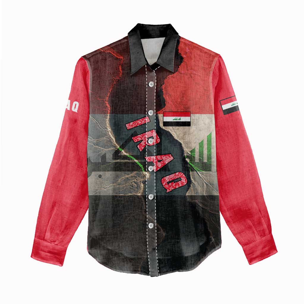 Iraq Flag Texture Women Casual Shirt with Golden Eagle Emblem and Cracked Earth Background Design - Wonder Print Shop