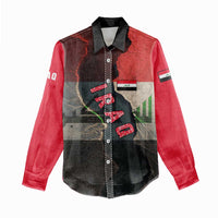 Iraq Flag Texture Women Casual Shirt with Golden Eagle Emblem and Cracked Earth Background Design - Wonder Print Shop