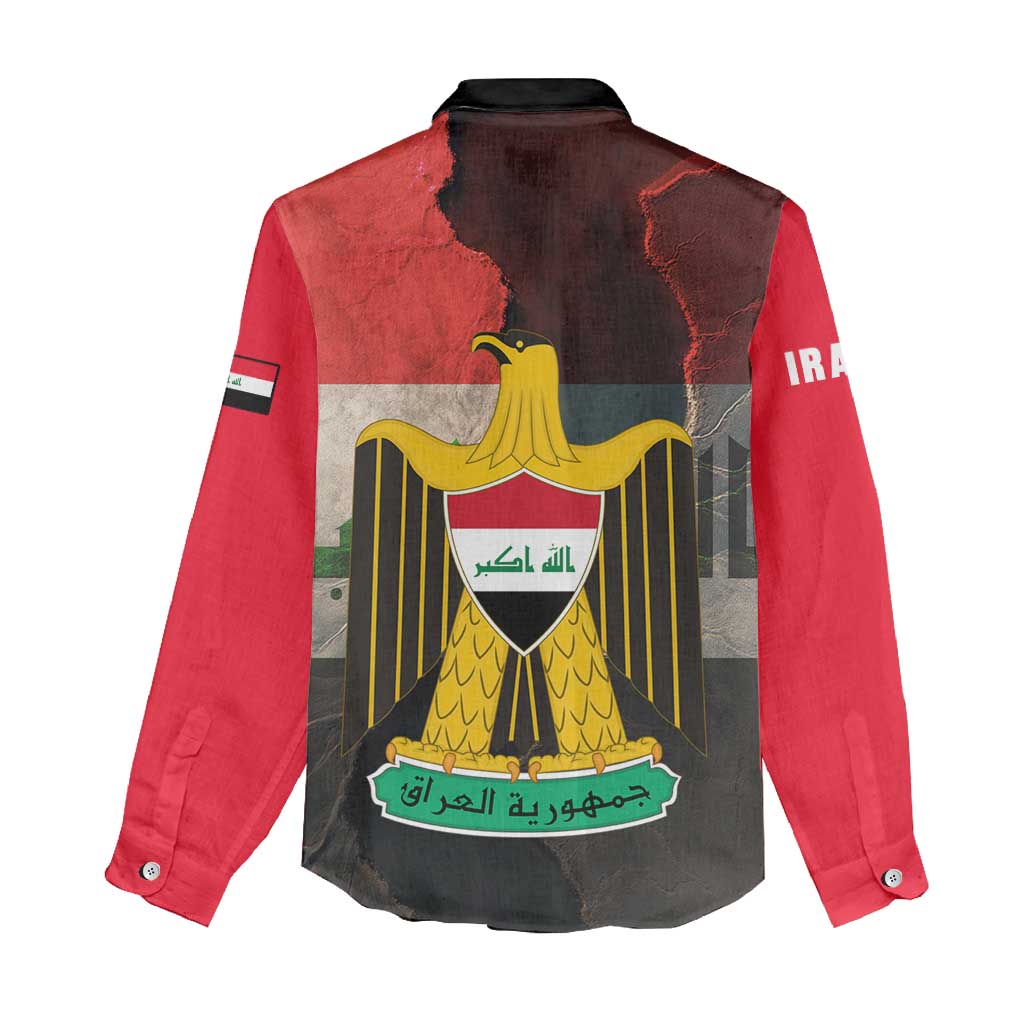 Iraq Flag Texture Women Casual Shirt with Golden Eagle Emblem and Cracked Earth Background Design - Wonder Print Shop