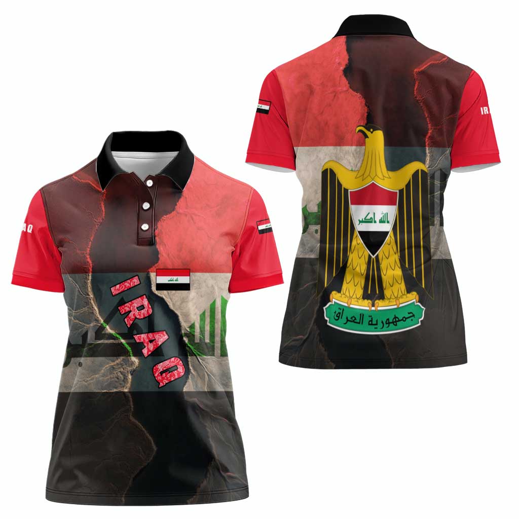 Iraq Flag Texture Women Polo Shirt with Golden Eagle Emblem and Cracked Earth Background Design - Wonder Print Shop