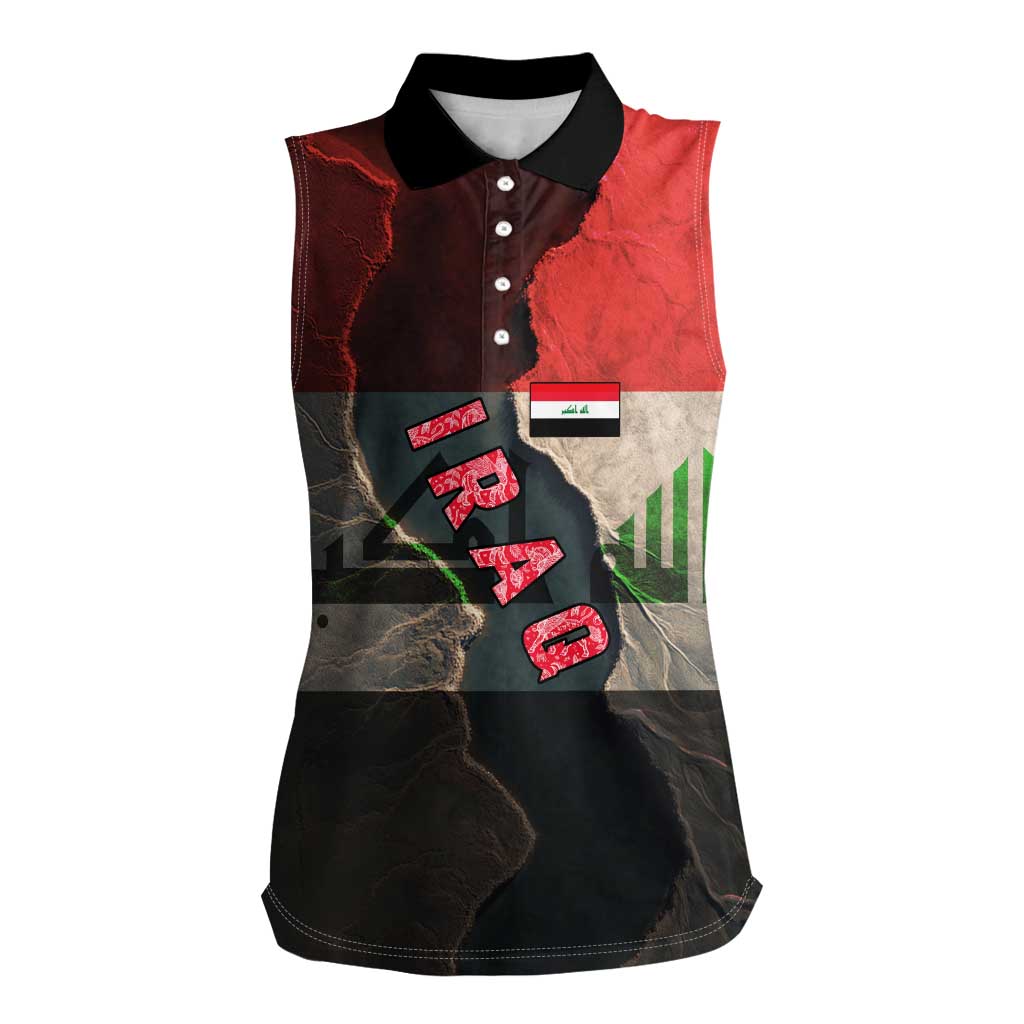 Iraq Flag Texture Women Sleeveless Polo Shirt with Golden Eagle Emblem and Cracked Earth Background Design - Wonder Print Shop