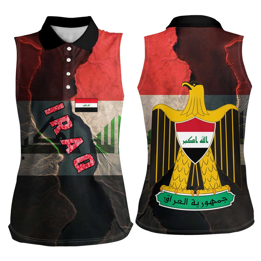 Iraq Flag Texture Women Sleeveless Polo Shirt with Golden Eagle Emblem and Cracked Earth Background Design - Wonder Print Shop