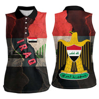 Iraq Flag Texture Women Sleeveless Polo Shirt with Golden Eagle Emblem and Cracked Earth Background Design - Wonder Print Shop