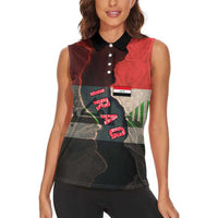 Iraq Flag Texture Women Sleeveless Polo Shirt with Golden Eagle Emblem and Cracked Earth Background Design - Wonder Print Shop