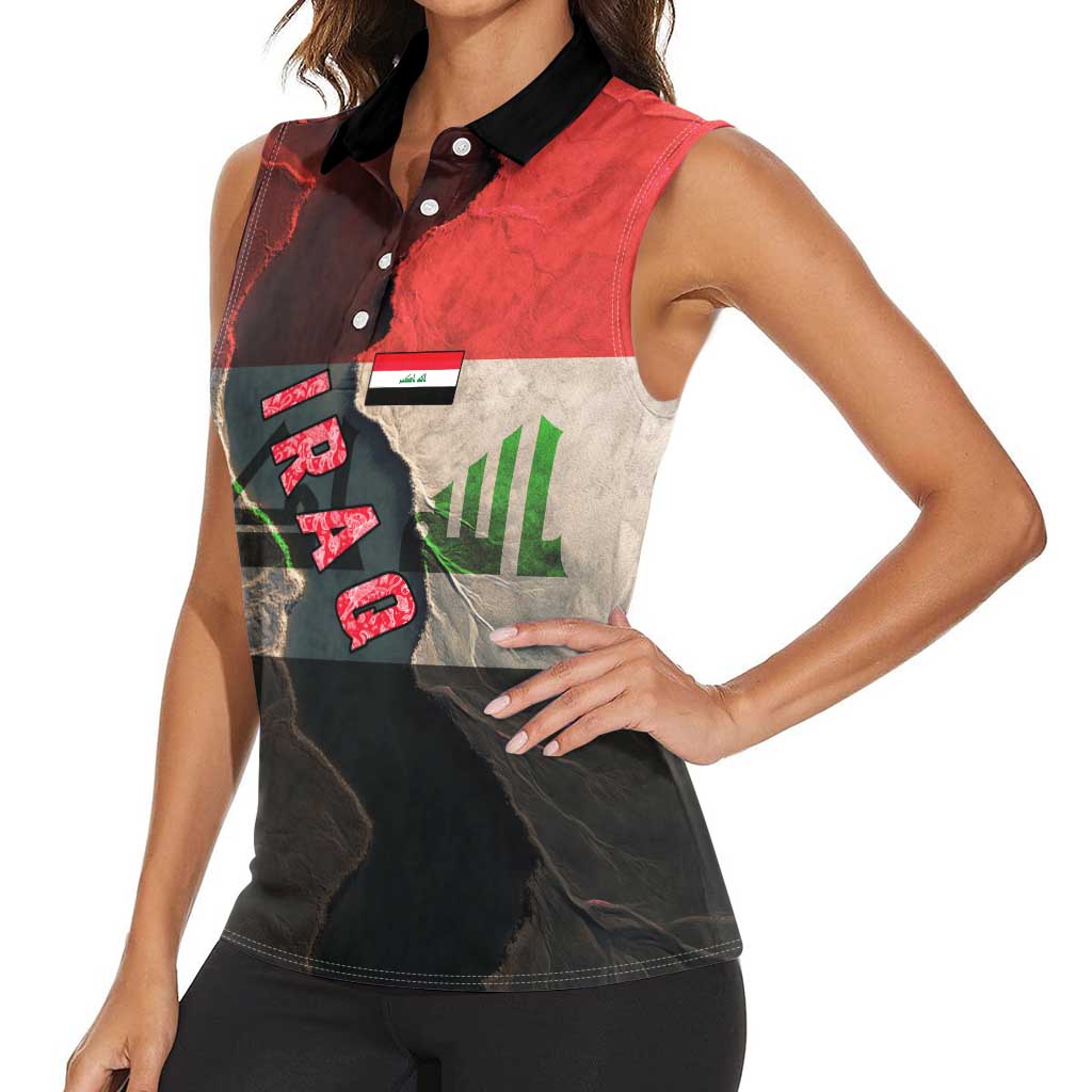 Iraq Flag Texture Women Sleeveless Polo Shirt with Golden Eagle Emblem and Cracked Earth Background Design - Wonder Print Shop