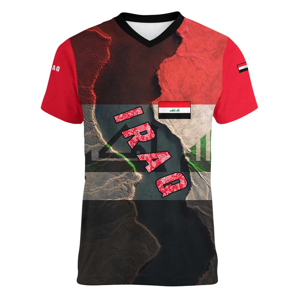 Iraq Flag Texture Women V-Neck T-Shirt with Golden Eagle Emblem and Cracked Earth Background Design - Wonder Print Shop