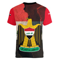 Iraq Flag Texture Women V-Neck T-Shirt with Golden Eagle Emblem and Cracked Earth Background Design - Wonder Print Shop