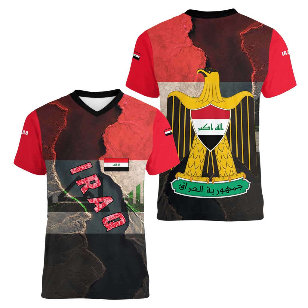 Iraq Flag Texture Women V-Neck T-Shirt with Golden Eagle Emblem and Cracked Earth Background Design - Wonder Print Shop
