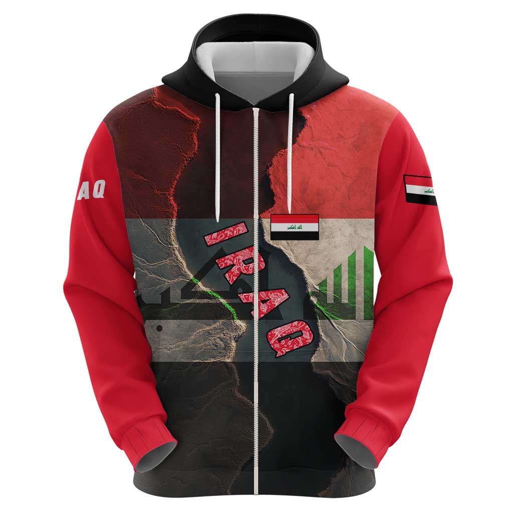 Iraq Flag Texture Zip Hoodie with Golden Eagle Emblem and Cracked Earth Background Design - Wonder Print Shop