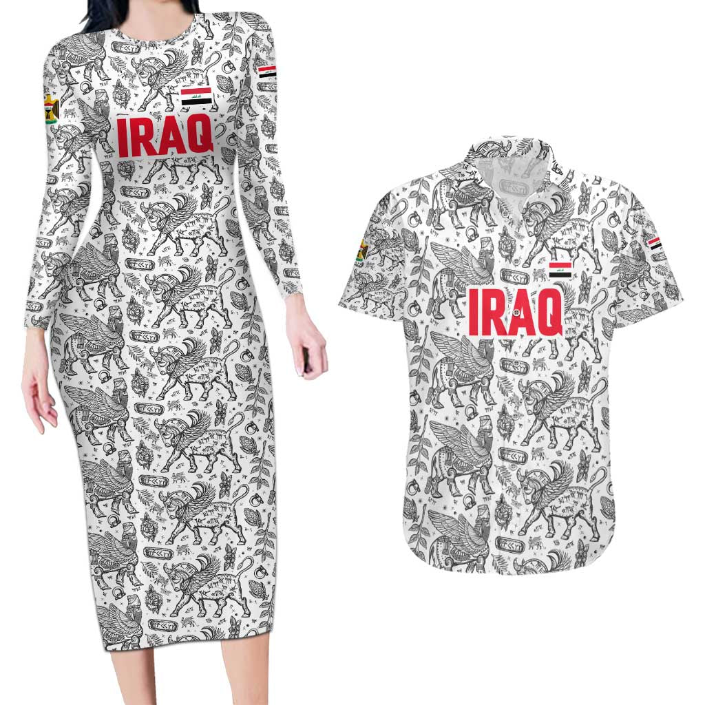 Iraq Ancient Mesopotamian Lamassu Couples Matching Long Sleeve Bodycon Dress and Hawaiian Shirt with Mythical Motif Design - Wonder Print Shop