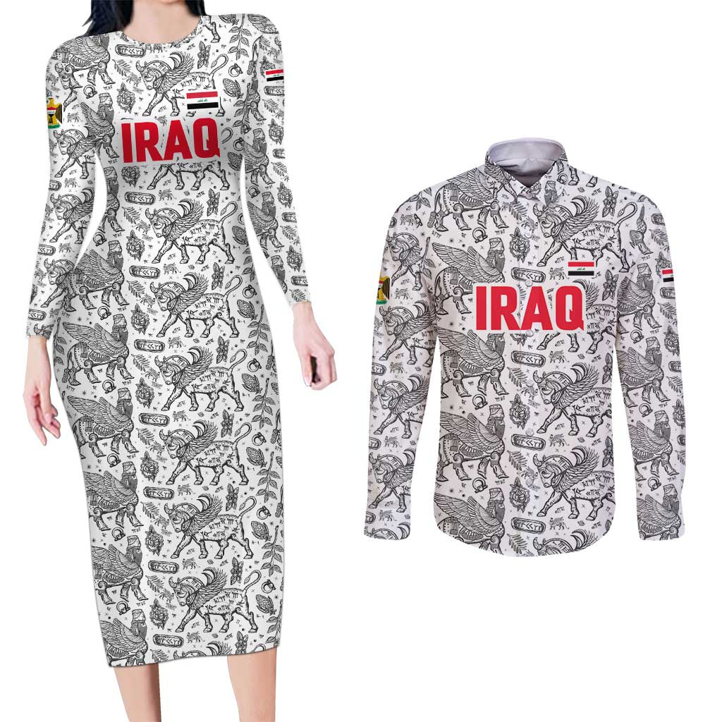 Iraq Ancient Mesopotamian Lamassu Couples Matching Long Sleeve Bodycon Dress and Long Sleeve Button Shirt with Mythical Motif Design - Wonder Print Shop