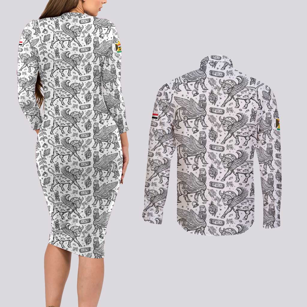 Iraq Ancient Mesopotamian Lamassu Couples Matching Long Sleeve Bodycon Dress and Long Sleeve Button Shirt with Mythical Motif Design - Wonder Print Shop