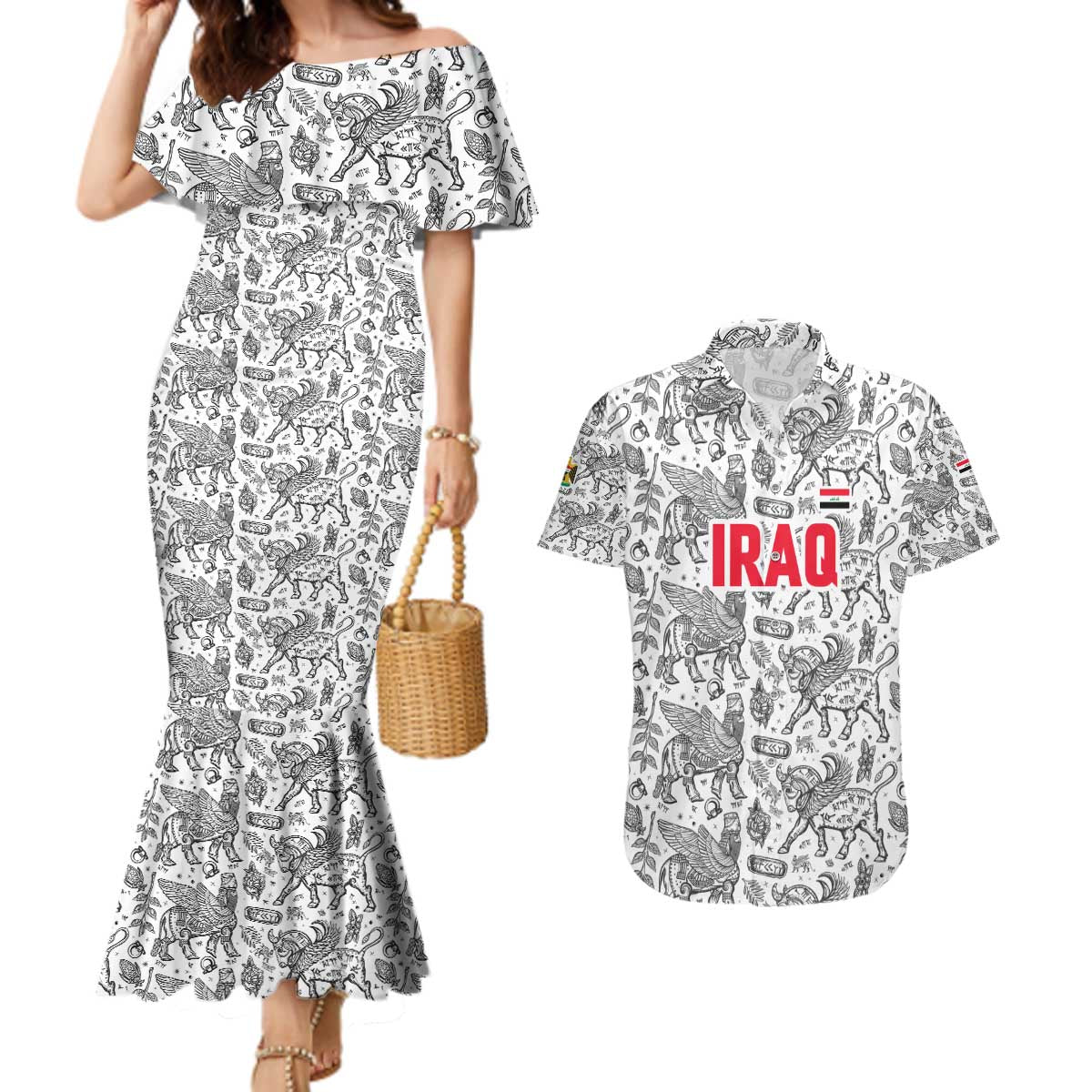 Iraq Ancient Mesopotamian Lamassu Couples Matching Mermaid Dress and Hawaiian Shirt with Mythical Motif Design - Wonder Print Shop