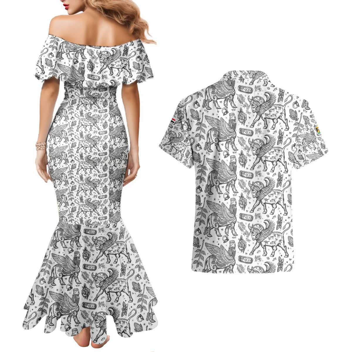 Iraq Ancient Mesopotamian Lamassu Couples Matching Mermaid Dress and Hawaiian Shirt with Mythical Motif Design - Wonder Print Shop