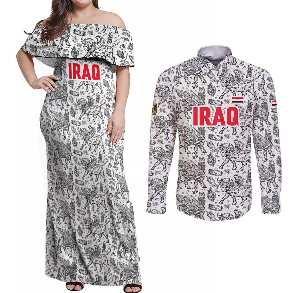 Iraq Ancient Mesopotamian Lamassu Couples Matching Off Shoulder Maxi Dress and Long Sleeve Button Shirt with Mythical Motif Design - Wonder Print Shop