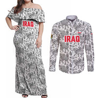 Iraq Ancient Mesopotamian Lamassu Couples Matching Off Shoulder Maxi Dress and Long Sleeve Button Shirt with Mythical Motif Design - Wonder Print Shop