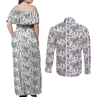 Iraq Ancient Mesopotamian Lamassu Couples Matching Off Shoulder Maxi Dress and Long Sleeve Button Shirt with Mythical Motif Design - Wonder Print Shop