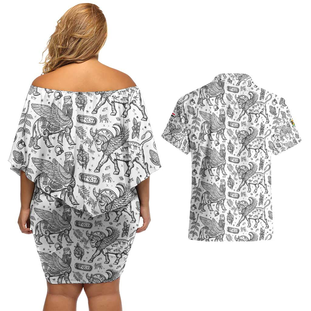 Iraq Ancient Mesopotamian Lamassu Couples Matching Off Shoulder Short Dress and Hawaiian Shirt with Mythical Motif Design - Wonder Print Shop