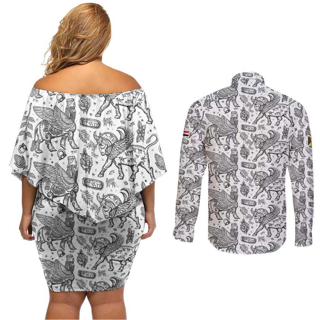 Iraq Ancient Mesopotamian Lamassu Couples Matching Off Shoulder Short Dress and Long Sleeve Button Shirt with Mythical Motif Design - Wonder Print Shop