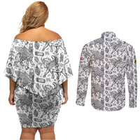 Iraq Ancient Mesopotamian Lamassu Couples Matching Off Shoulder Short Dress and Long Sleeve Button Shirt with Mythical Motif Design - Wonder Print Shop