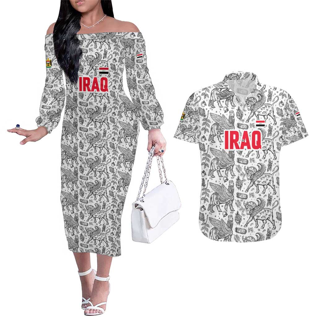 Iraq Ancient Mesopotamian Lamassu Couples Matching Off The Shoulder Long Sleeve Dress and Hawaiian Shirt with Mythical Motif Design - Wonder Print Shop