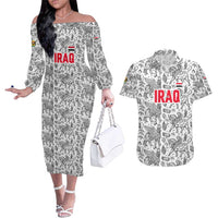 Iraq Ancient Mesopotamian Lamassu Couples Matching Off The Shoulder Long Sleeve Dress and Hawaiian Shirt with Mythical Motif Design - Wonder Print Shop