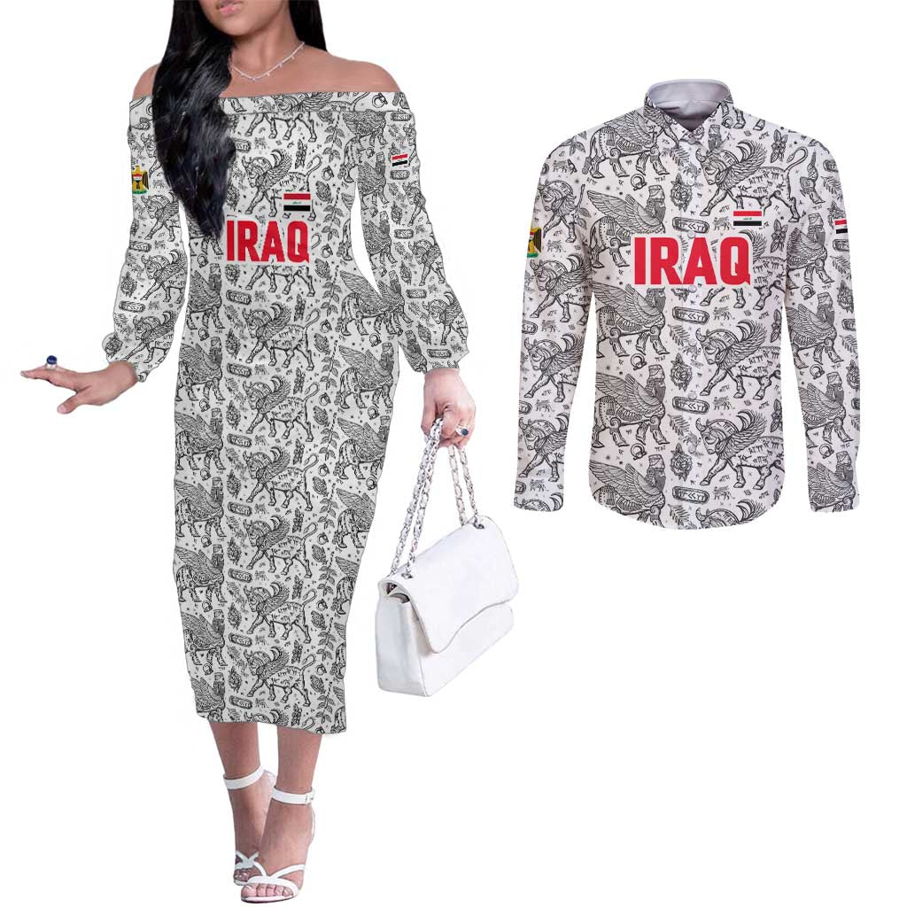 Iraq Ancient Mesopotamian Lamassu Couples Matching Off The Shoulder Long Sleeve Dress and Long Sleeve Button Shirt with Mythical Motif Design - Wonder Print Shop