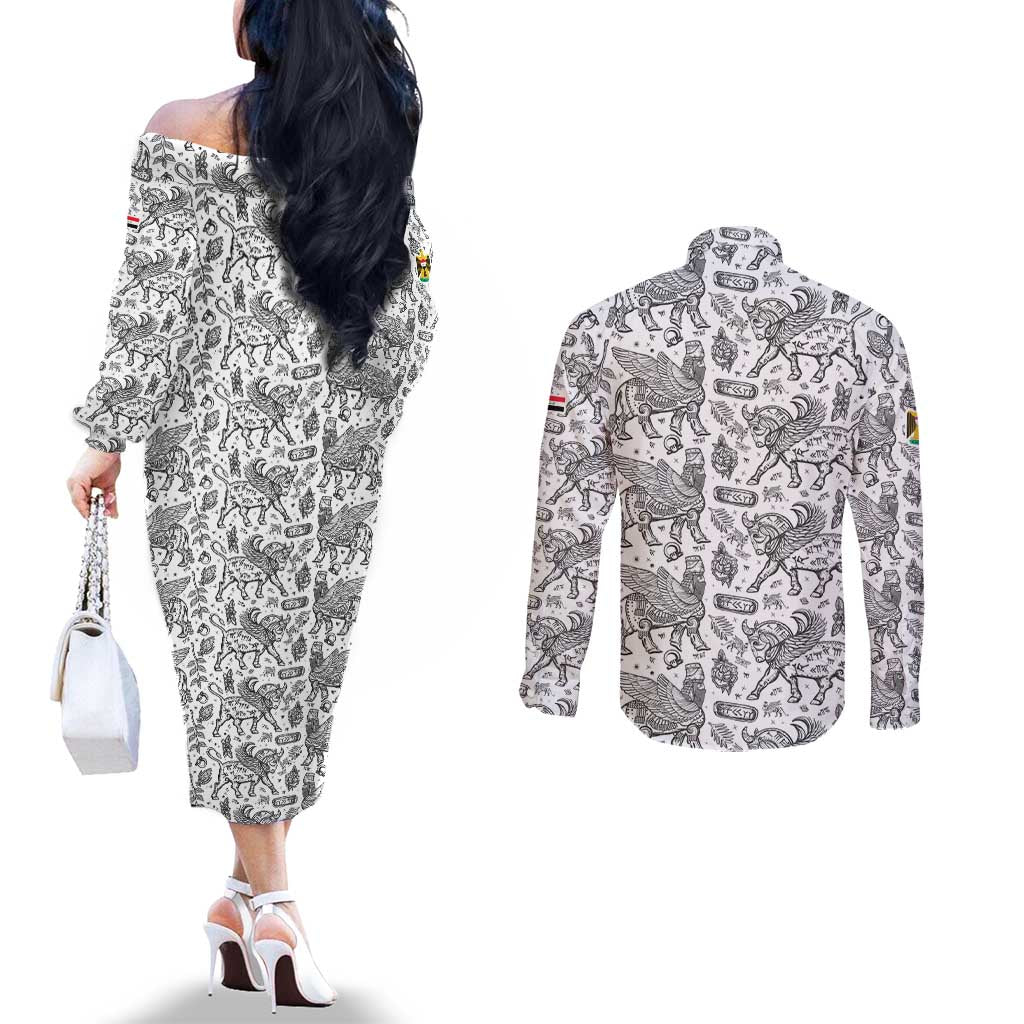 Iraq Ancient Mesopotamian Lamassu Couples Matching Off The Shoulder Long Sleeve Dress and Long Sleeve Button Shirt with Mythical Motif Design - Wonder Print Shop