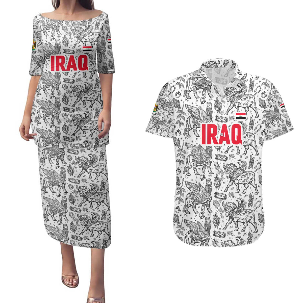 Iraq Ancient Mesopotamian Lamassu Couples Matching Puletasi and Hawaiian Shirt with Mythical Motif Design - Wonder Print Shop