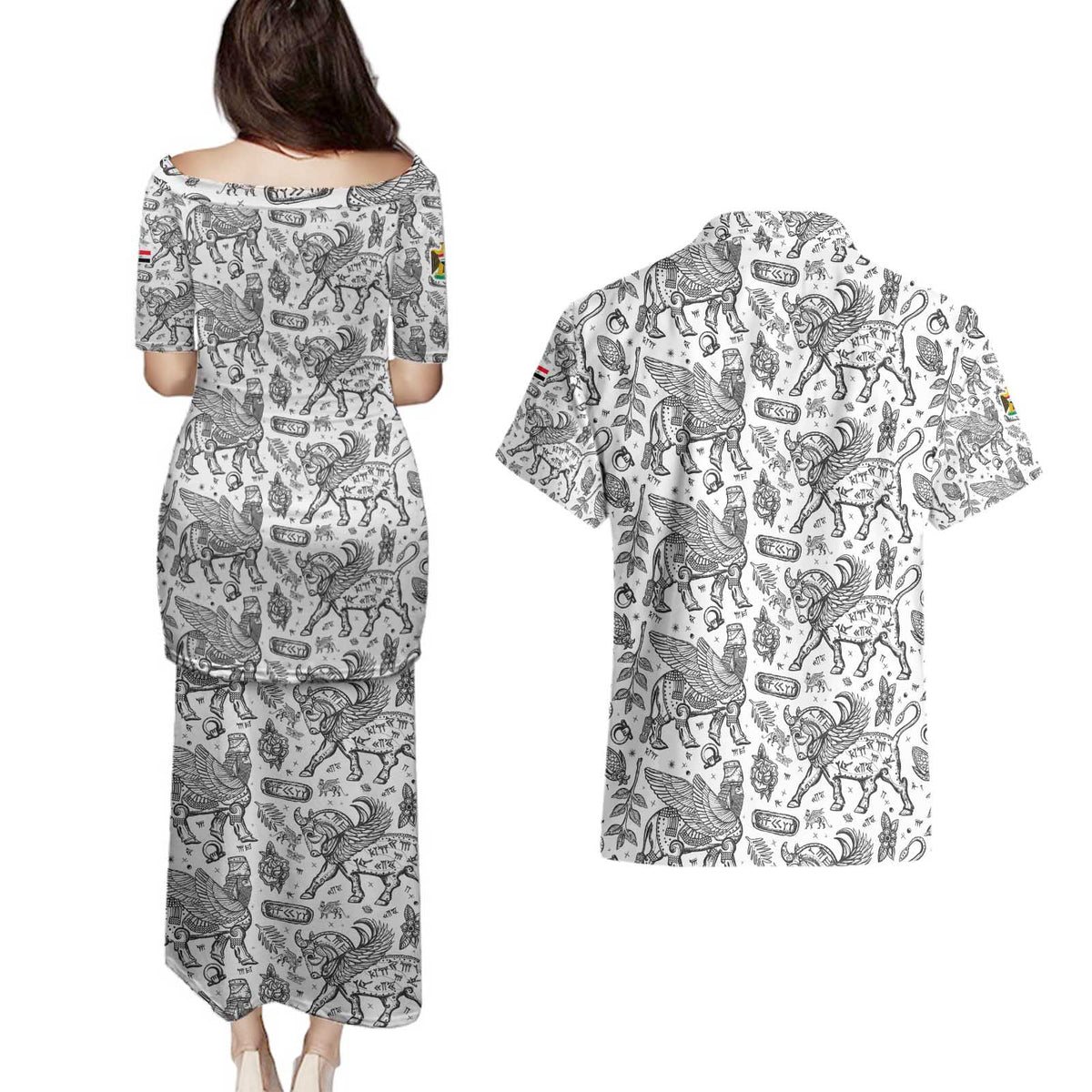 Iraq Ancient Mesopotamian Lamassu Couples Matching Puletasi and Hawaiian Shirt with Mythical Motif Design - Wonder Print Shop