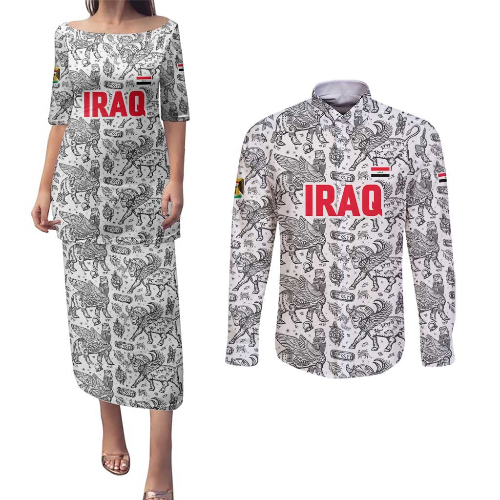 Iraq Ancient Mesopotamian Lamassu Couples Matching Puletasi and Long Sleeve Button Shirt with Mythical Motif Design - Wonder Print Shop