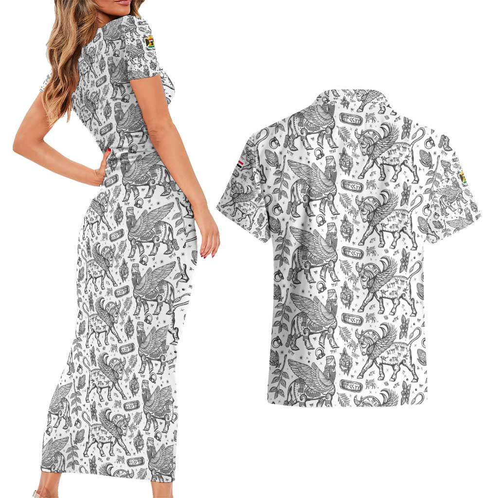 Iraq Ancient Mesopotamian Lamassu Couples Matching Short Sleeve Bodycon Dress and Hawaiian Shirt with Mythical Motif Design - Wonder Print Shop