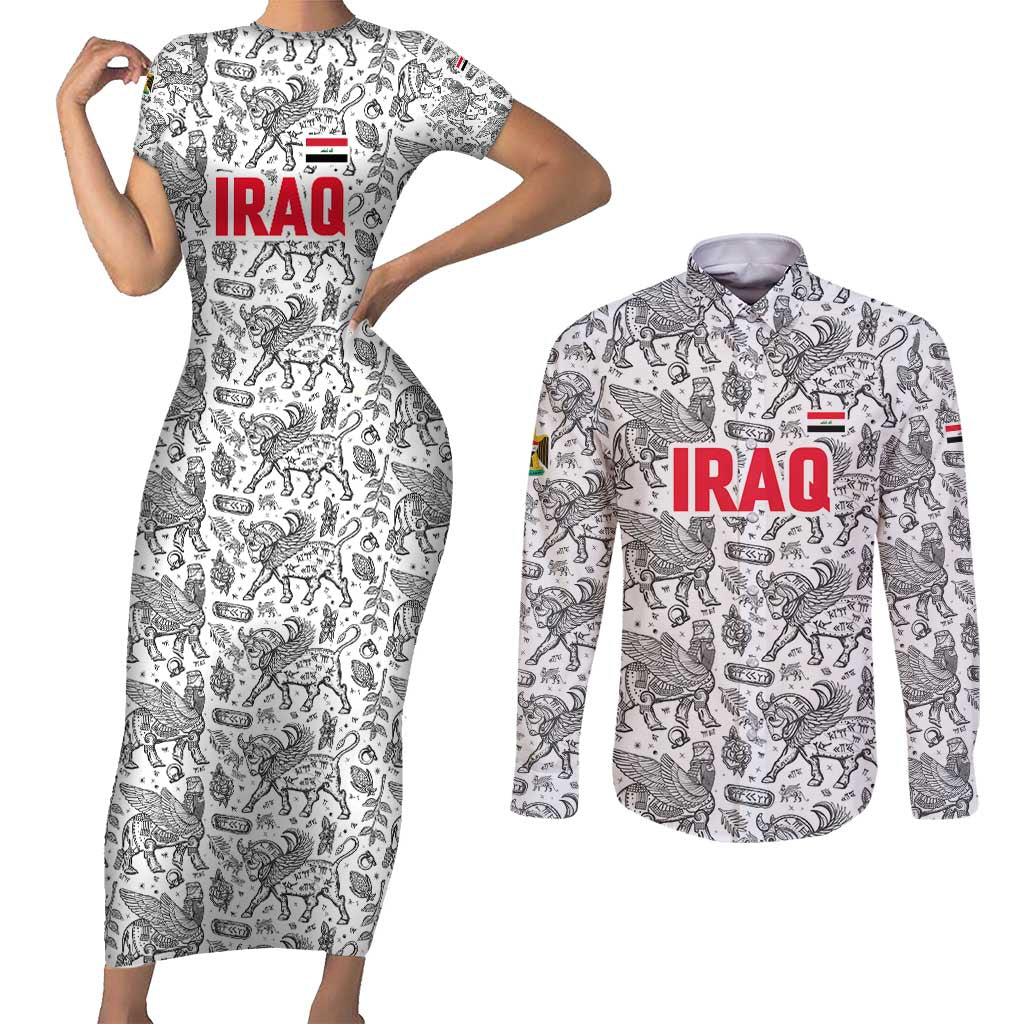 Iraq Ancient Mesopotamian Lamassu Couples Matching Short Sleeve Bodycon Dress and Long Sleeve Button Shirt with Mythical Motif Design - Wonder Print Shop