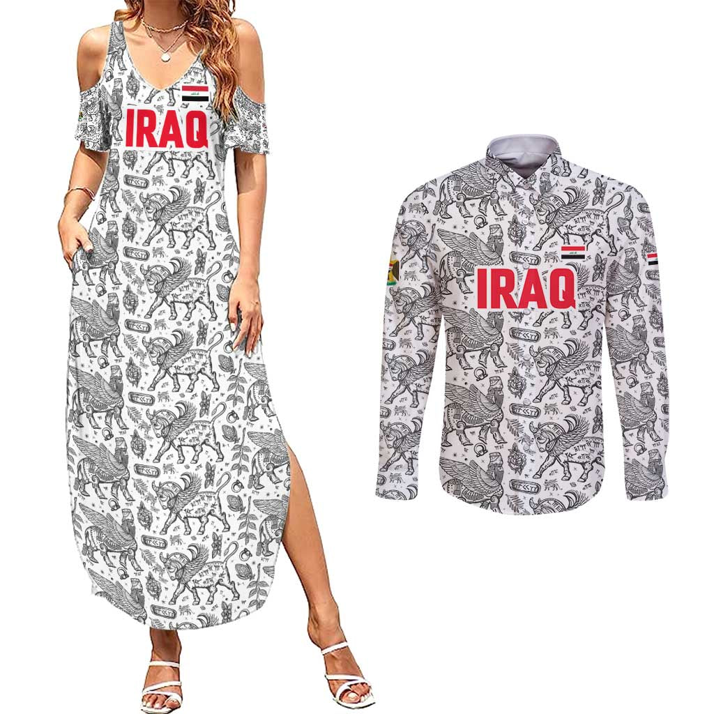 Iraq Ancient Mesopotamian Lamassu Couples Matching Summer Maxi Dress and Long Sleeve Button Shirt with Mythical Motif Design - Wonder Print Shop