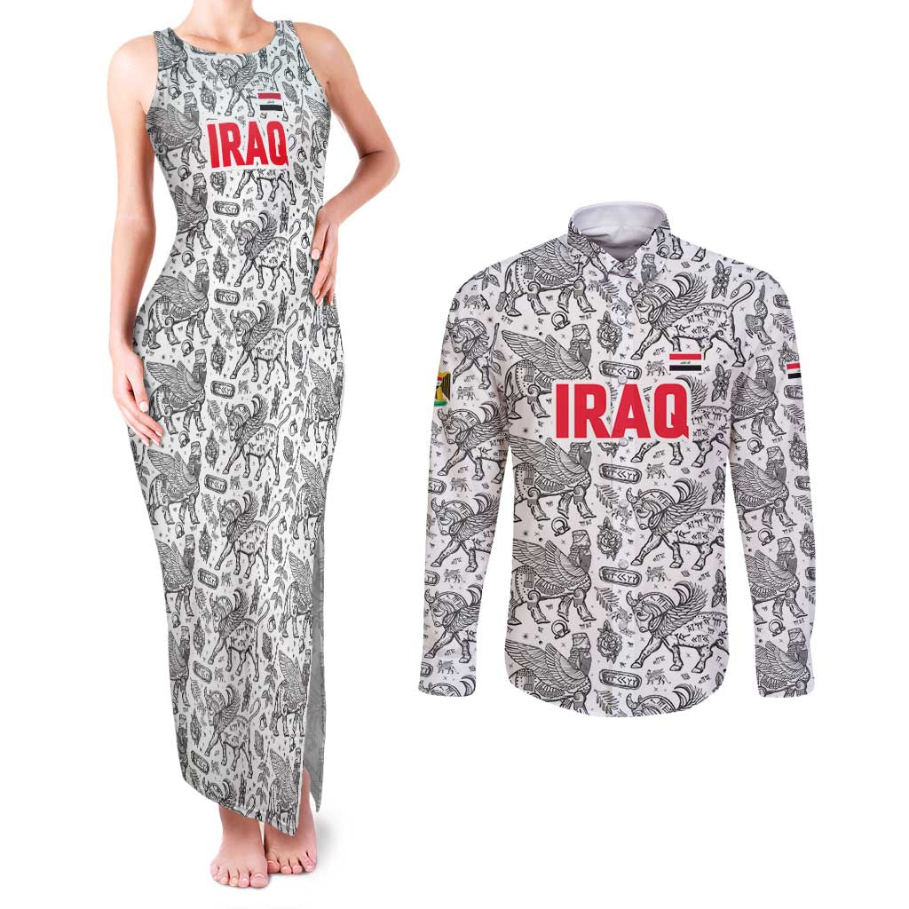 Iraq Ancient Mesopotamian Lamassu Couples Matching Tank Maxi Dress and Long Sleeve Button Shirt with Mythical Motif Design - Wonder Print Shop