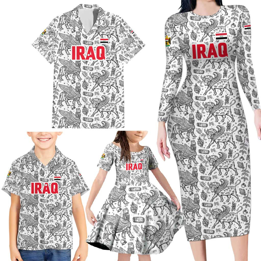 Iraq Ancient Mesopotamian Lamassu Family Matching Long Sleeve Bodycon Dress and Hawaiian Shirt with Mythical Motif Design - Wonder Print Shop