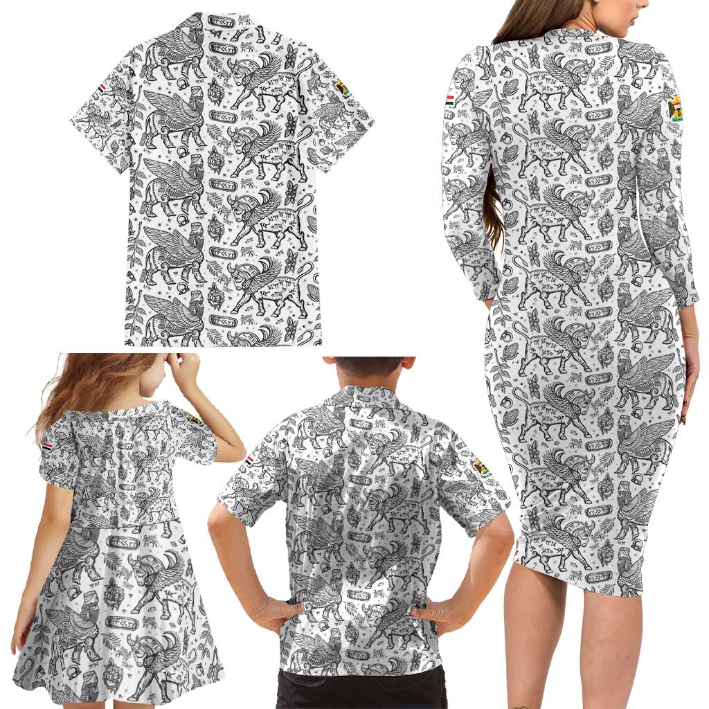 Iraq Ancient Mesopotamian Lamassu Family Matching Long Sleeve Bodycon Dress and Hawaiian Shirt with Mythical Motif Design - Wonder Print Shop