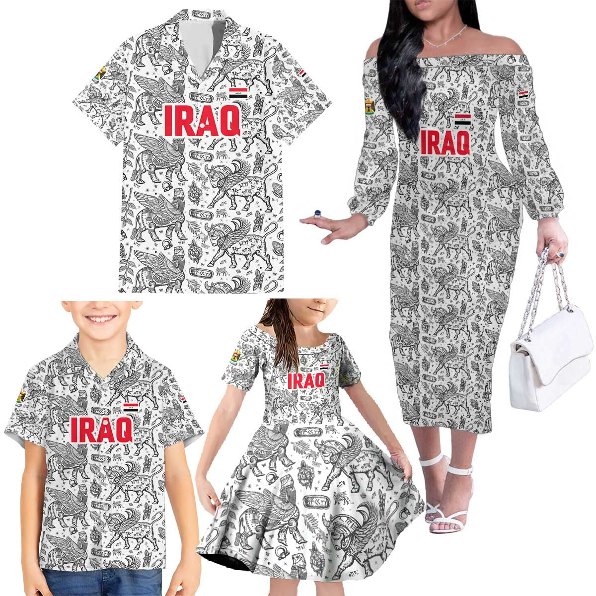 Iraq Ancient Mesopotamian Lamassu Family Matching Off The Shoulder Long Sleeve Dress and Hawaiian Shirt with Mythical Motif Design - Wonder Print Shop