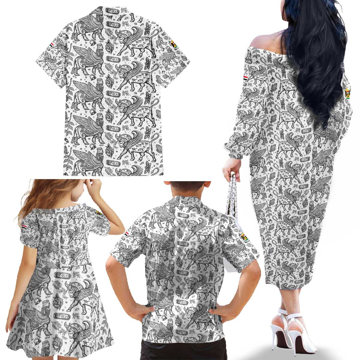 Iraq Ancient Mesopotamian Lamassu Family Matching Off The Shoulder Long Sleeve Dress and Hawaiian Shirt with Mythical Motif Design - Wonder Print Shop