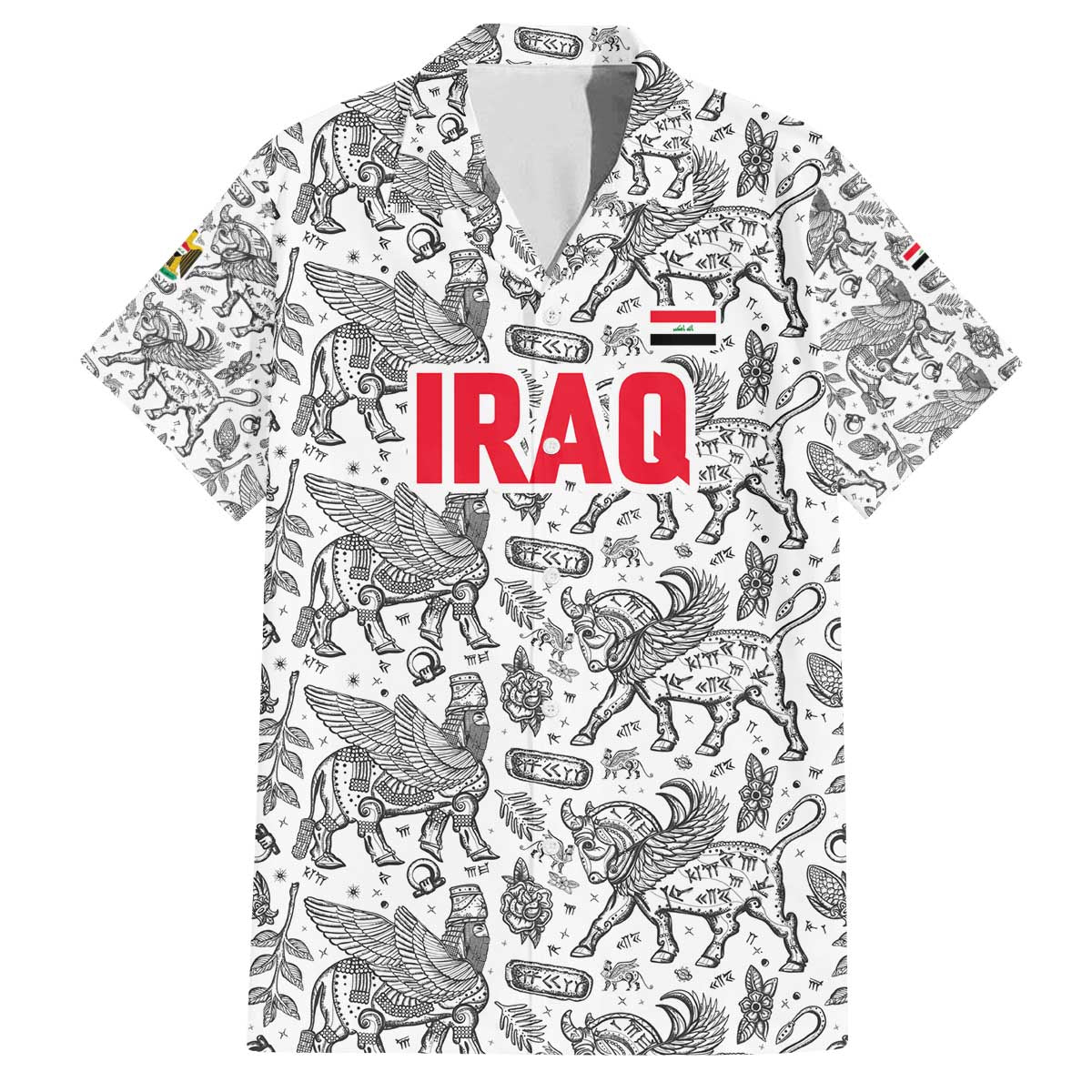 Iraq Ancient Mesopotamian Lamassu Family Matching Off The Shoulder Long Sleeve Dress and Hawaiian Shirt with Mythical Motif Design - Wonder Print Shop