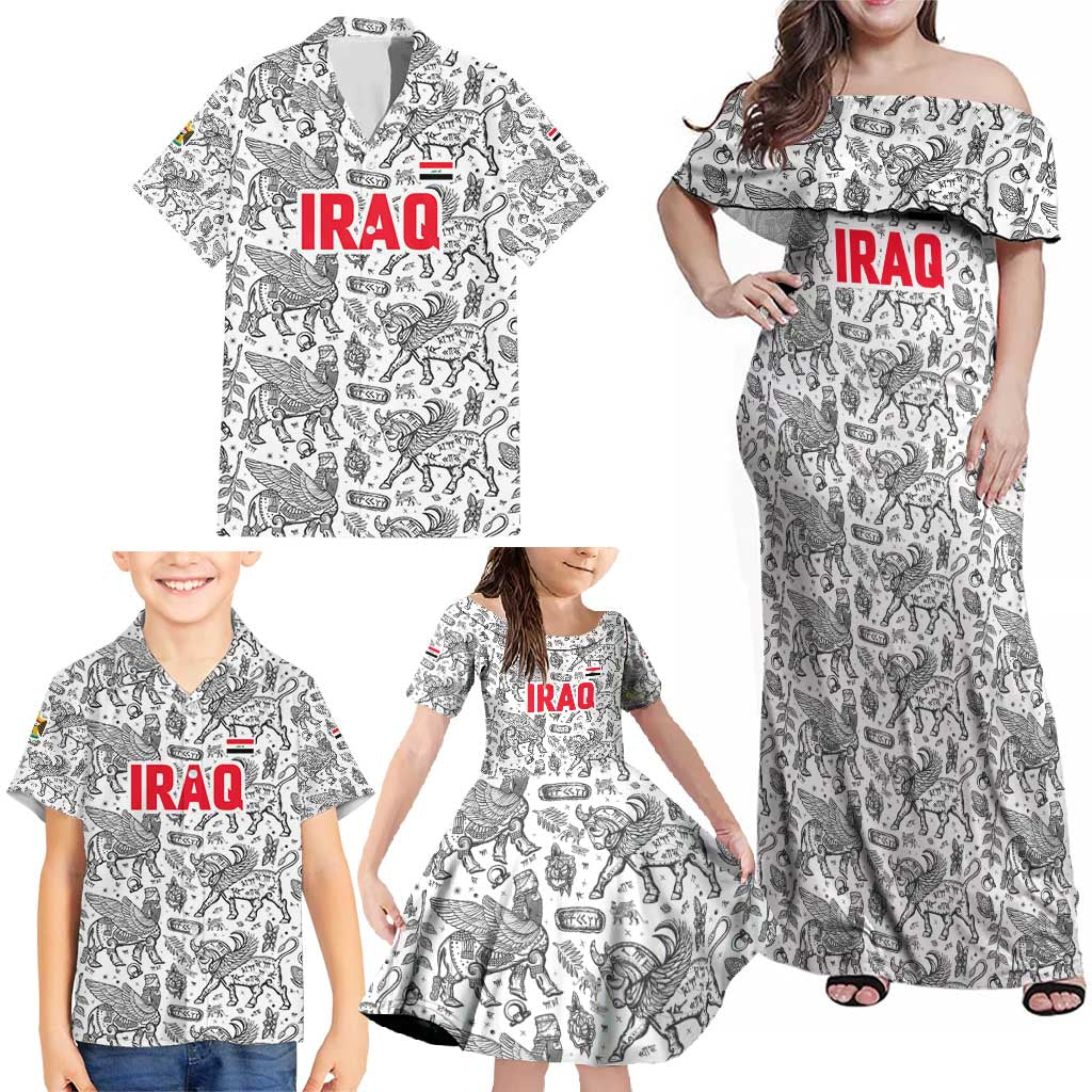 Iraq Ancient Mesopotamian Lamassu Family Matching Off Shoulder Maxi Dress and Hawaiian Shirt with Mythical Motif Design - Wonder Print Shop