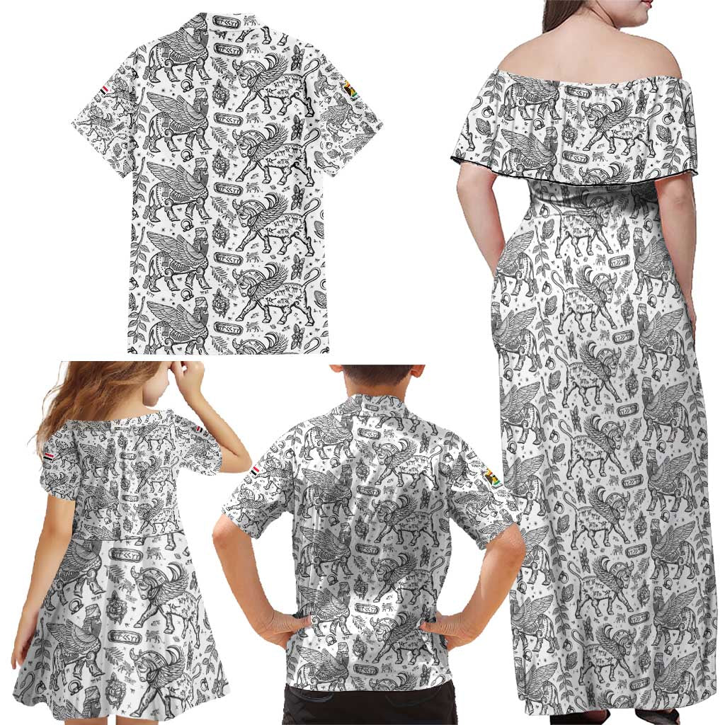Iraq Ancient Mesopotamian Lamassu Family Matching Off Shoulder Maxi Dress and Hawaiian Shirt with Mythical Motif Design - Wonder Print Shop